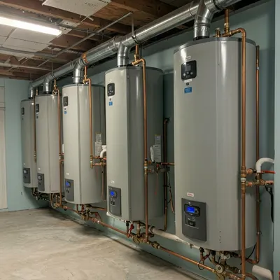 Commercial water heater installation in a business utility room