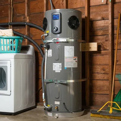 Residential water heater replacement in a home garage